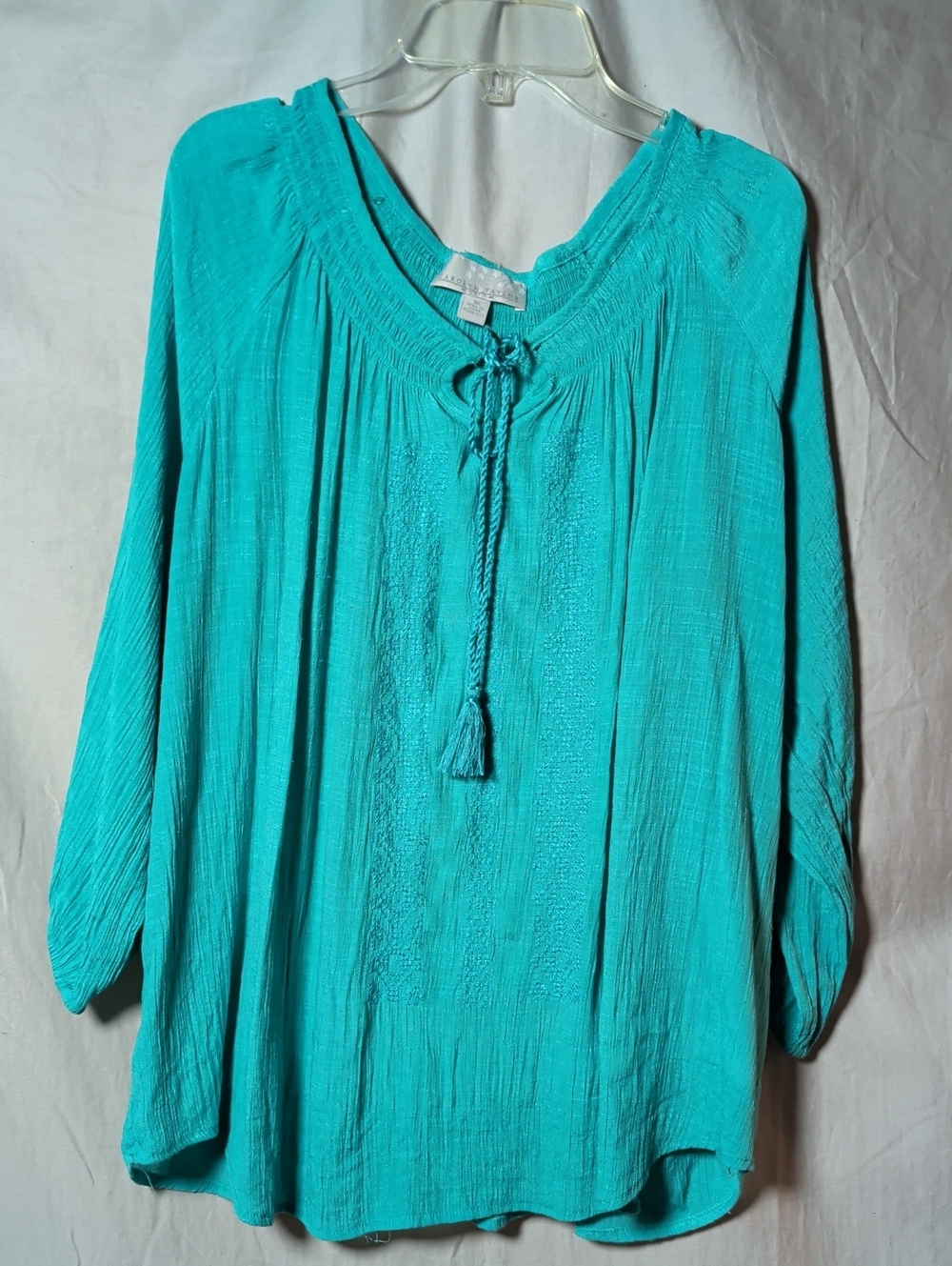Carolyn Taylor Turquoise Peasant Tunic with Tassel Tie Vacation Resort Coastal